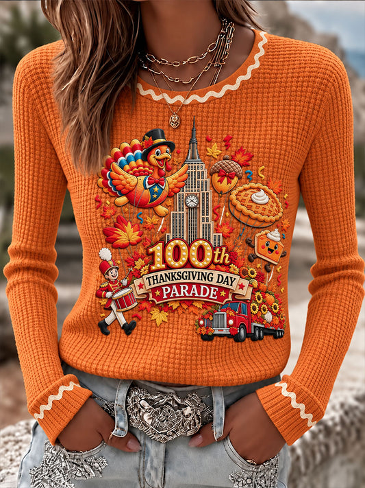Women's Thanksgiving Parade Print Casual Waffle T-shirt