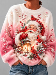 Women's Christmas Santa Claus And Cardinalis Cardinalis Print Casual Flannel Sweatshirt