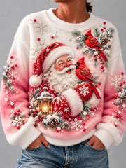 Women's Christmas Santa Claus And Cardinalis Cardinalis Print Casual Flannel Sweatshirt