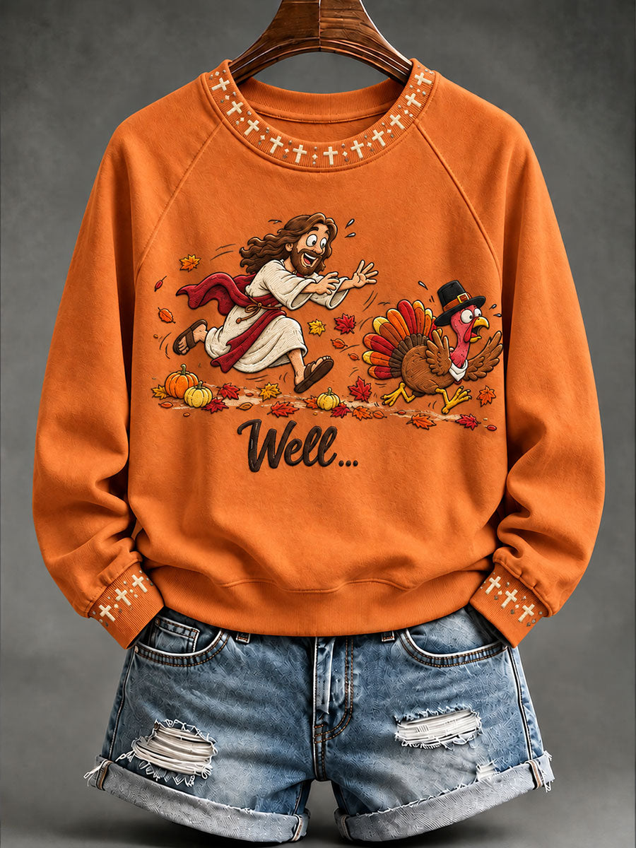 Women's Jesus And Turkey Thanksgiving Day Faith Print Casual Sweatshirt