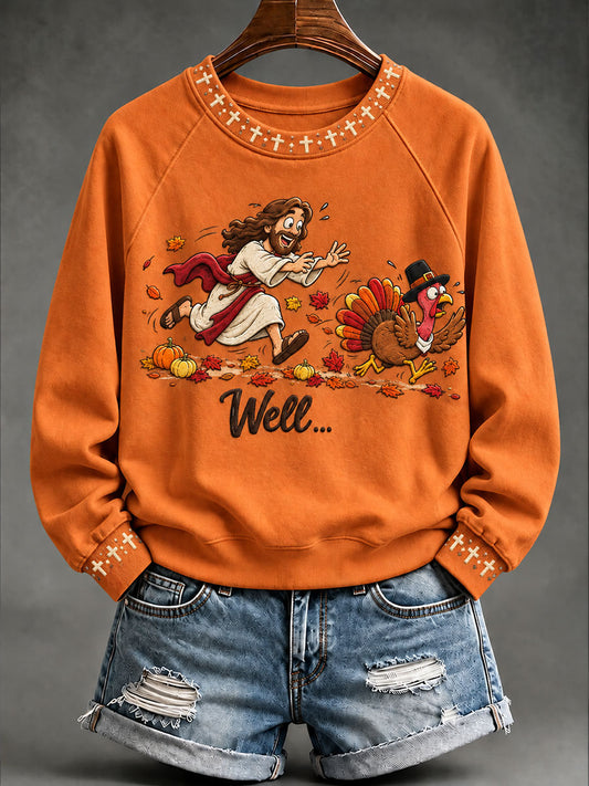 Women's Jesus And Turkey Thanksgiving Day Faith Print Casual Sweatshirt