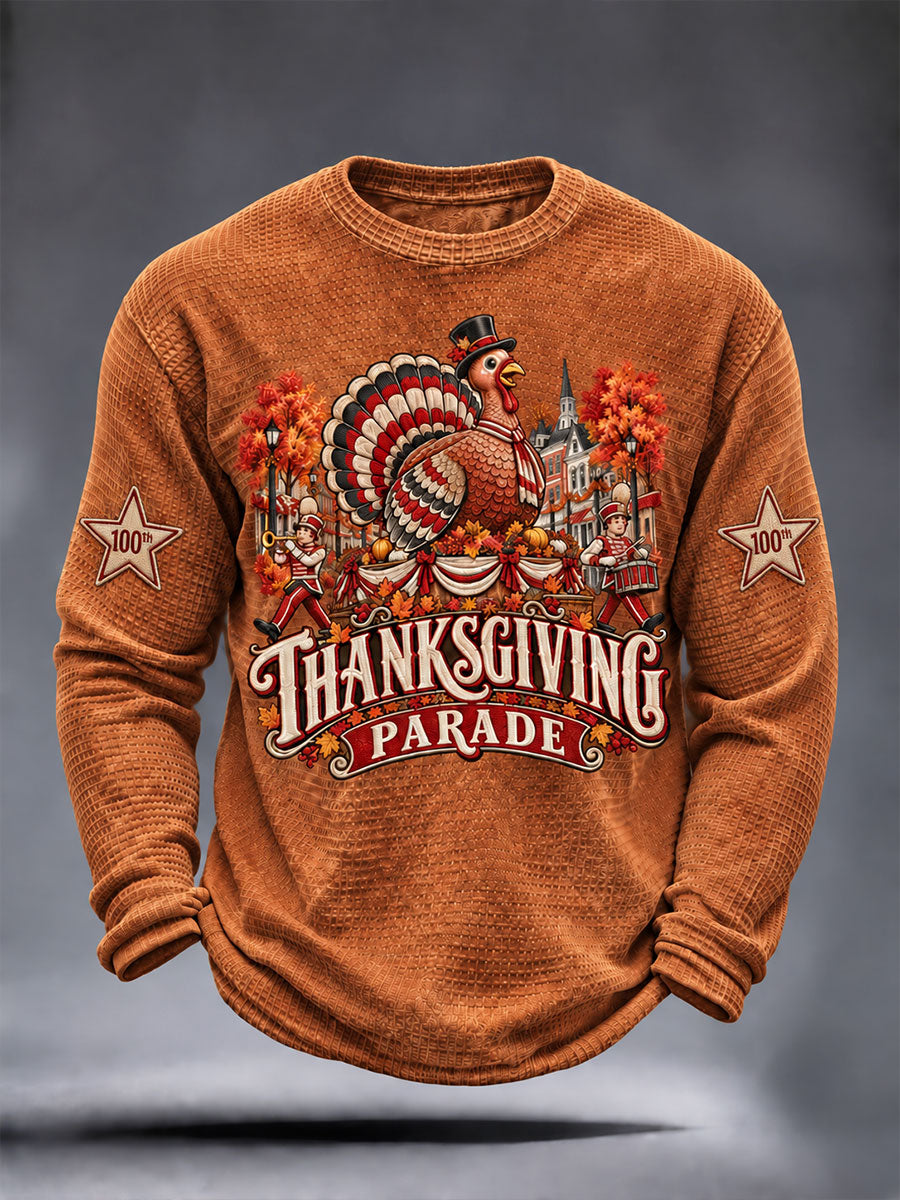 Men's Thanksgiving Day Parade Commemorative Print Casual Waffle Long Sleeve T-Shirt